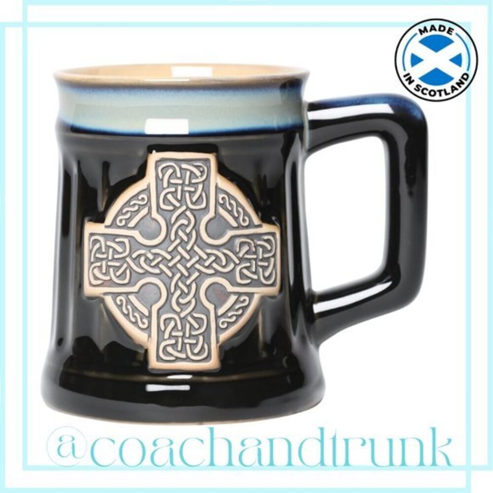 SCOTTISH STONEWARE RAISED CELTIC CROSS MUG BLACK TAN GLAZE IMPORT NWT